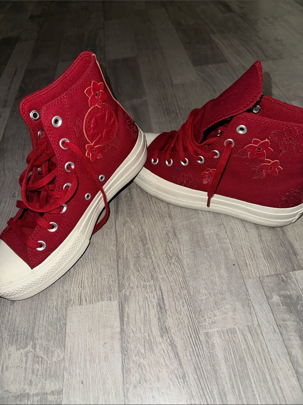 Converse Red High-Top Canvas Sneakers with Floral Stitching